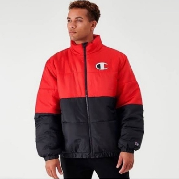 Champion Men's Bold Red and Black Puffer Jacket - Picture 1 of 4